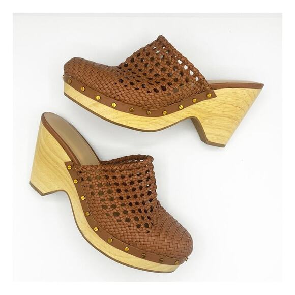 Veronica Beard Hardie Woven Leather & Wood Heeled Clogs Cognac Brown 9 - Picture 1 of 9